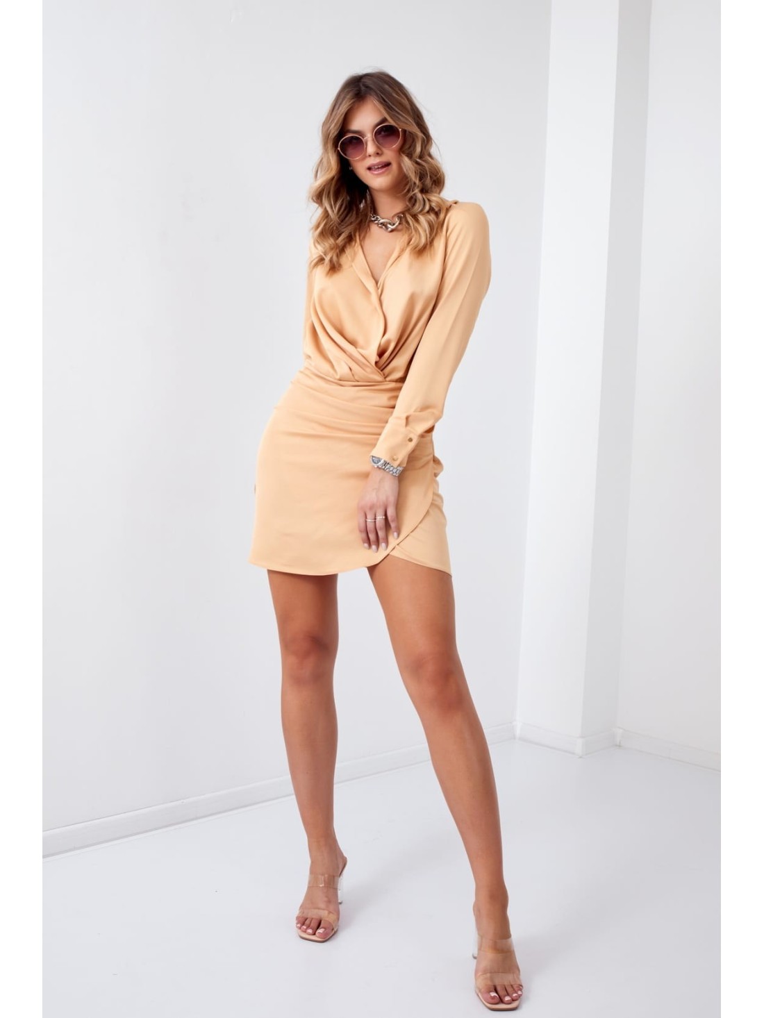 Rochie camasa wrap cu drapaj, bej 110537 - Magazin online - Boutique